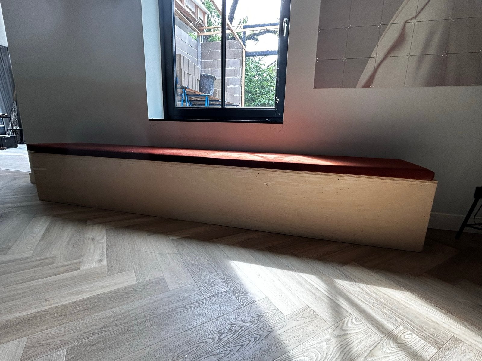 Lange bank met lade en roestbruin kussen - 310x45x45cm, Ophalen, Gebruikt, Minder dan 75 cm, 300 cm of meer