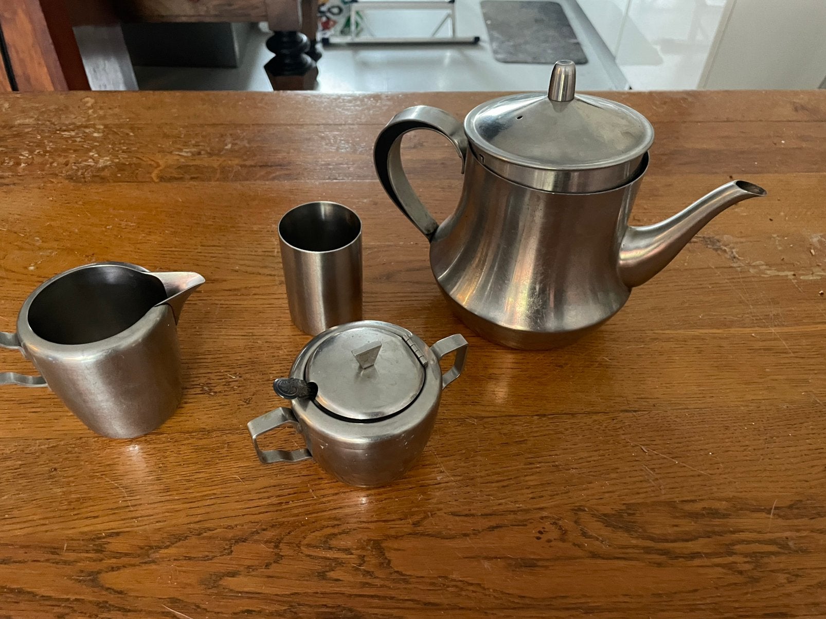 Vintage Tinnen Theeservies - Theepot, Melkkan, Suikerpot, Ophalen, Overige materialen, Gebruikt, Overige stijlen