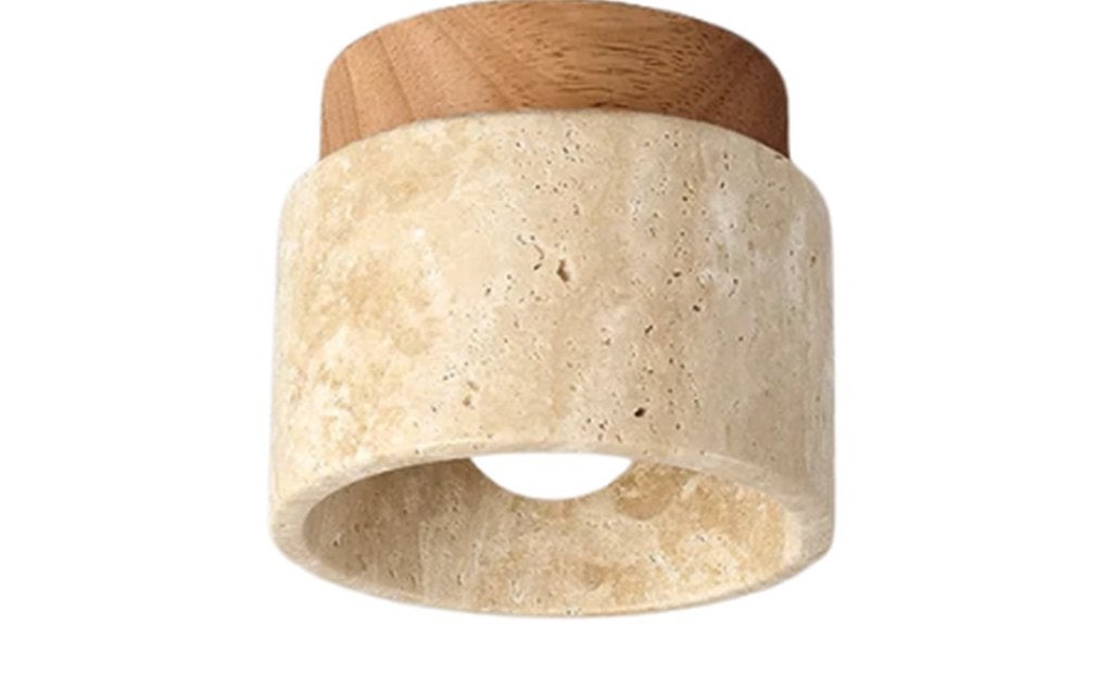 Japandi - Plafondlamp - Travertin - Marmer - Eikenhout, Overige stijlen, Inclusief lichtbron, Nieuw, 12 cm