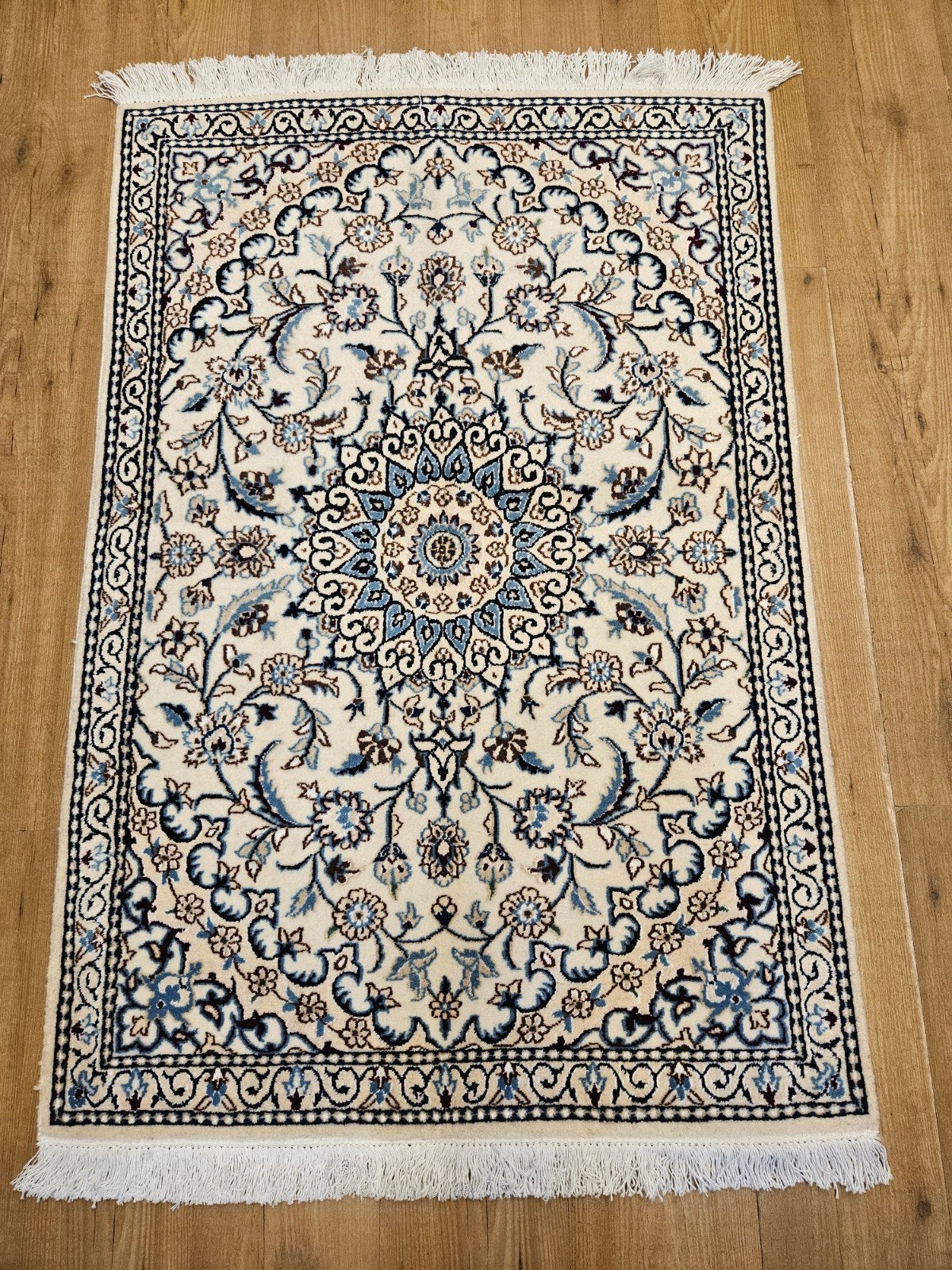 Vintage handgeknoopt perzisch tapijt nain 9la 141x88, Info@SlatsAntiek.nl, Tweedehands, Blauw, 100 tot 150 cm