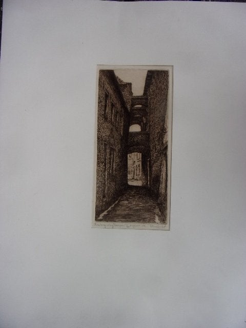 Houtzagersteeg Kampen Originele Ets C.M. van der Woerd, Antiek en Kunst, Origineel, Stadsgezicht, Ophalen of Verzenden, 33 cm