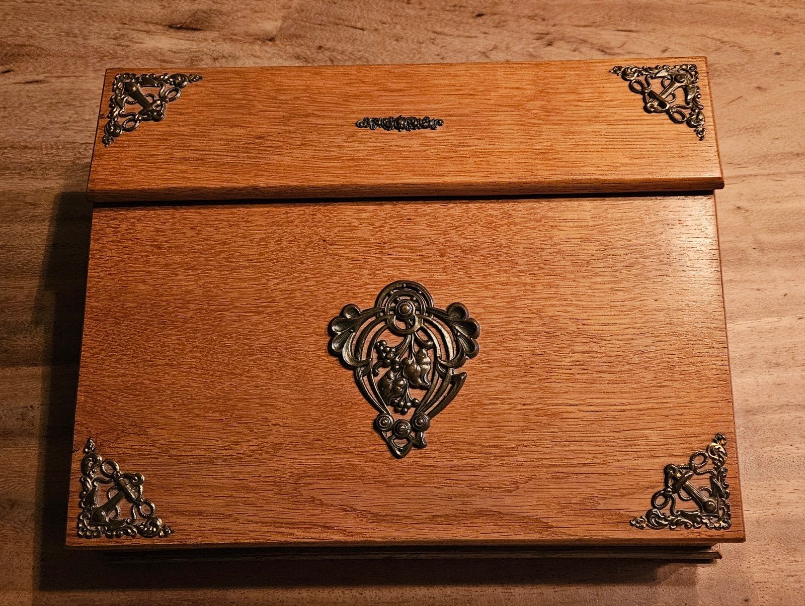 Antieke houten schrijfdoos met inktpotjes en pen, Ophalen of Verzenden
