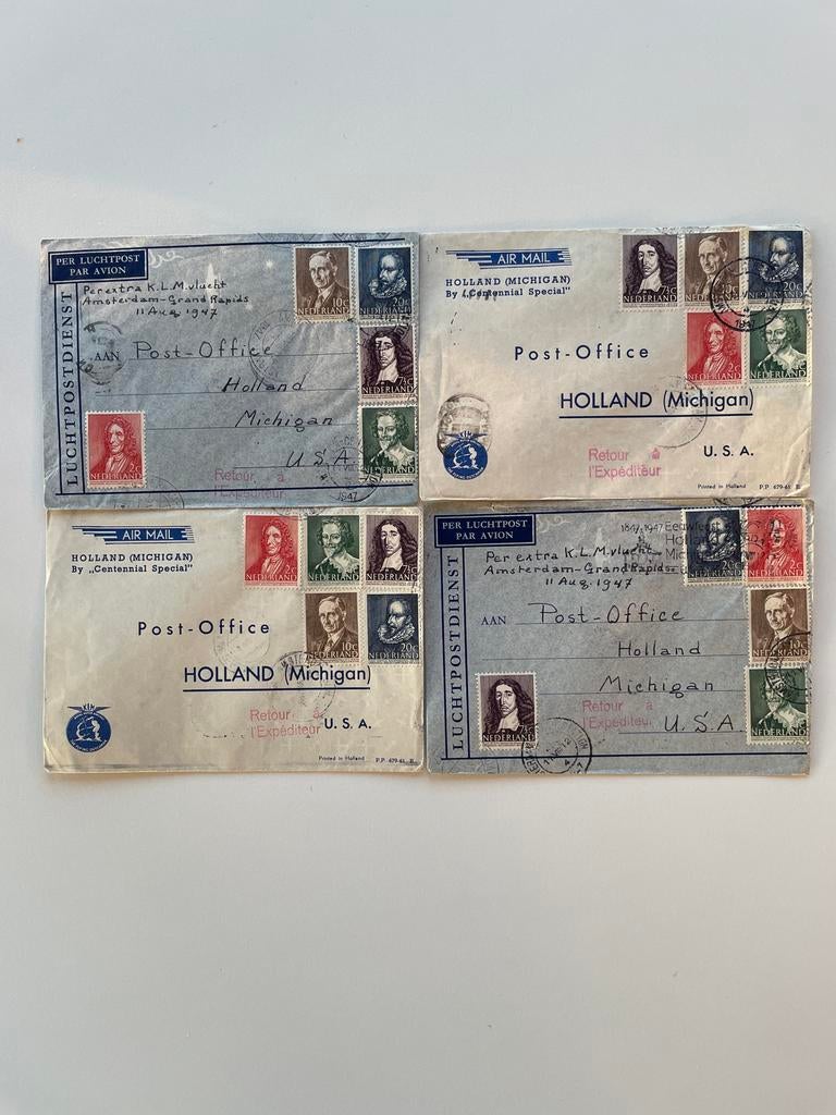 Set van 4 originele KLM luchtpost-enveloppen 1947, Ophalen of Verzenden, 1940 tot 1960, Gelopen, Buiten Europa