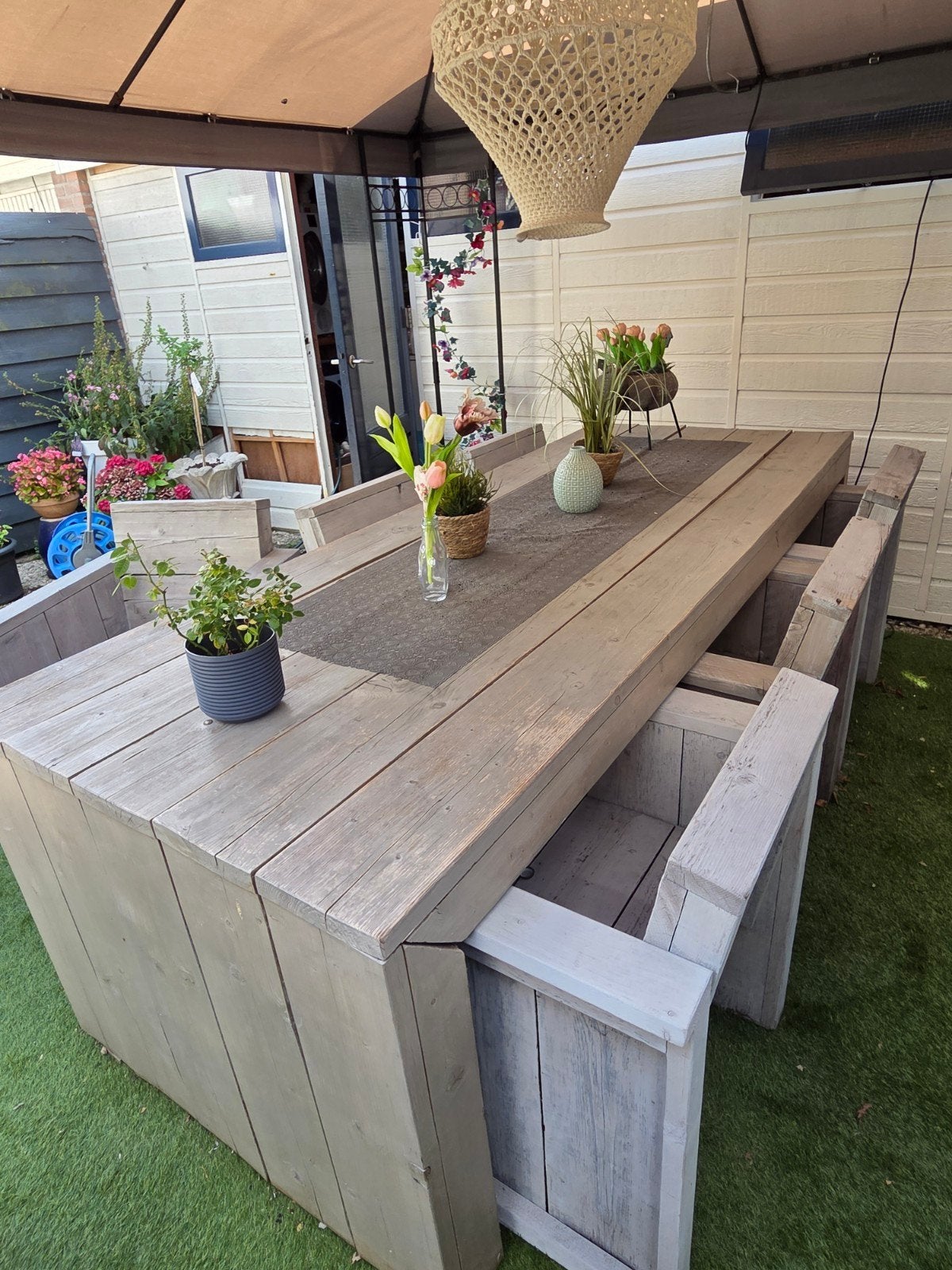 steigerhouten tuinset., Tuin en Terras, Ophalen, Steigerhout, Eettafel, 6 zitplaatsen