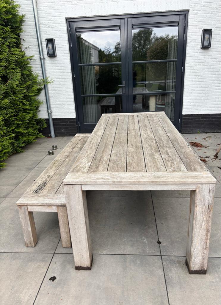 Robuuste houten tafel met bank, merk Rough, Tuin en Terras, Tuintafels, Ophalen, Gebruikt, Rechthoekig, Hout