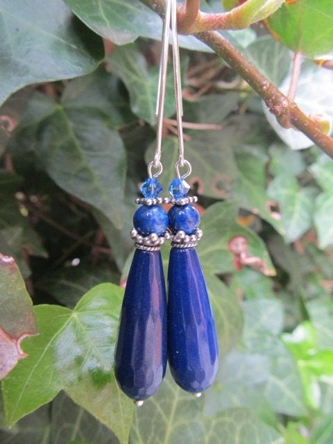 Oorbellen Long Blue Jade lapis lazuli-swarovski zilver, Ophalen, Nieuw