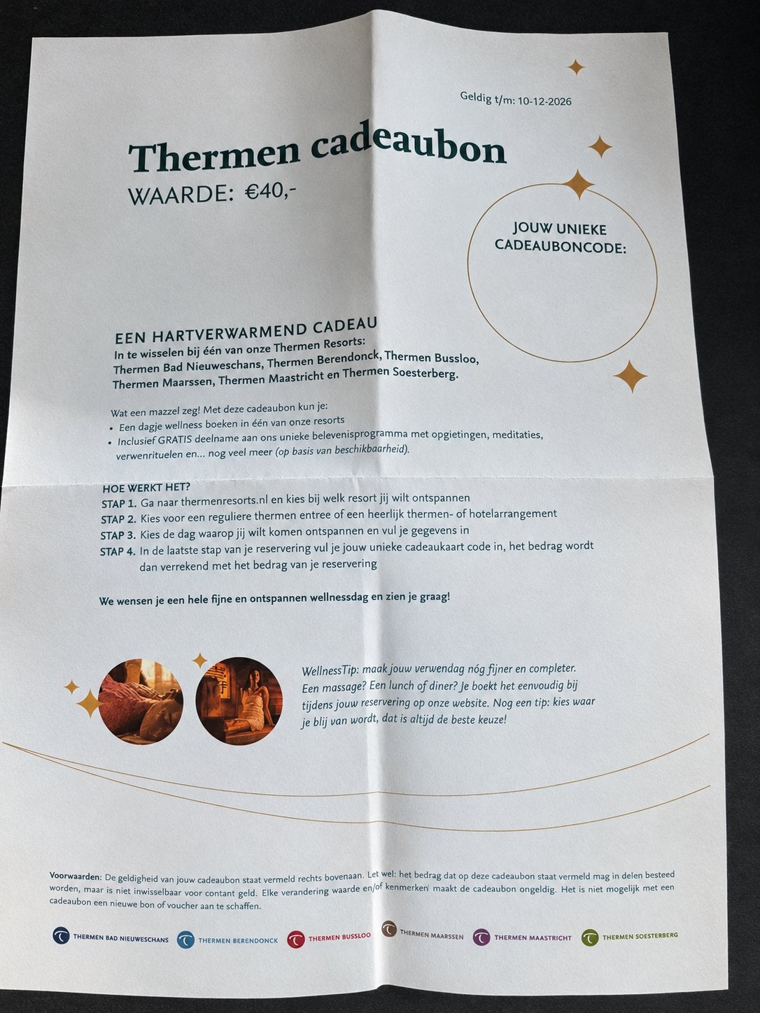 Tegoedbon Thermen 40 euro, Tickets en Kaartjes, Twee personen, Cadeaubon, Spa of Sauna