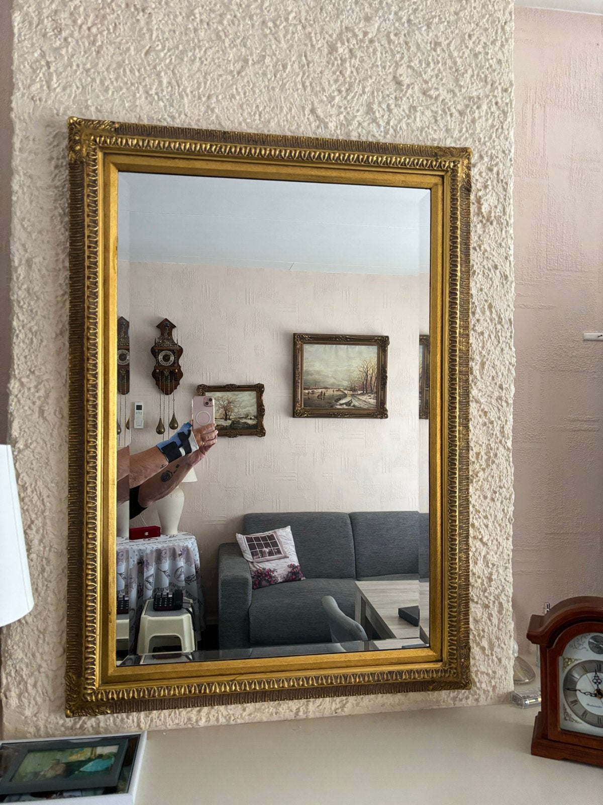 Grote spiegel met gouden lijst, Huis en Inrichting, Ophalen, Gebruikt, 100 tot 125 cm, 150 tot 200 cm