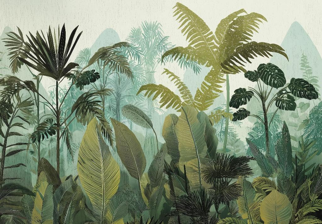 Jungle fotobehang Urban Jungle Escape, Ook op maat, Huis en Inrichting, Stoffering | Behang, Verzenden, Minder dan 10 m², Jungle, bomen, botanisch, trendy