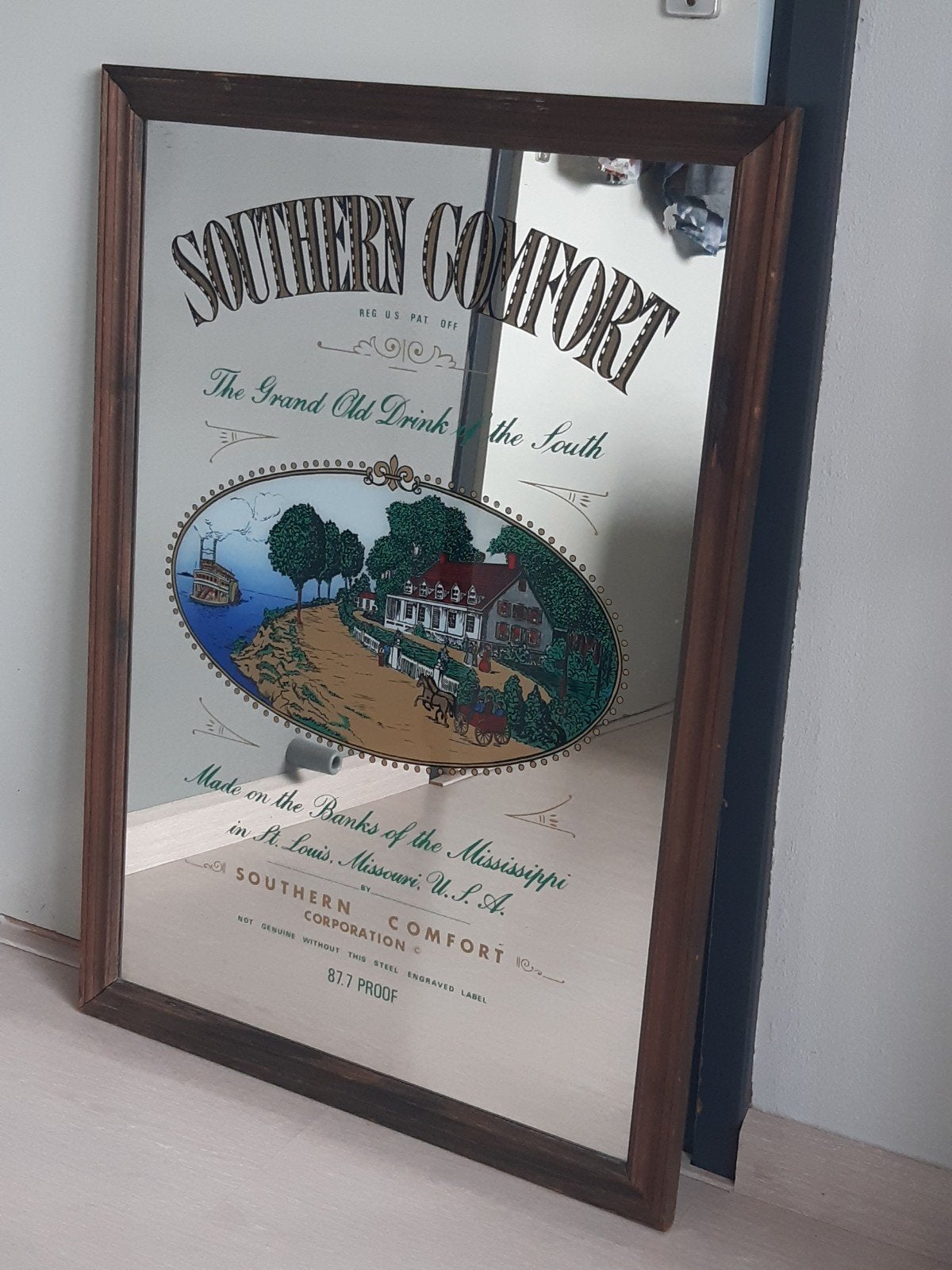 Vintage Southern Comfort spiegel - Reclamebord 88x63cm, Ophalen, Gebruikt, Reclamebord