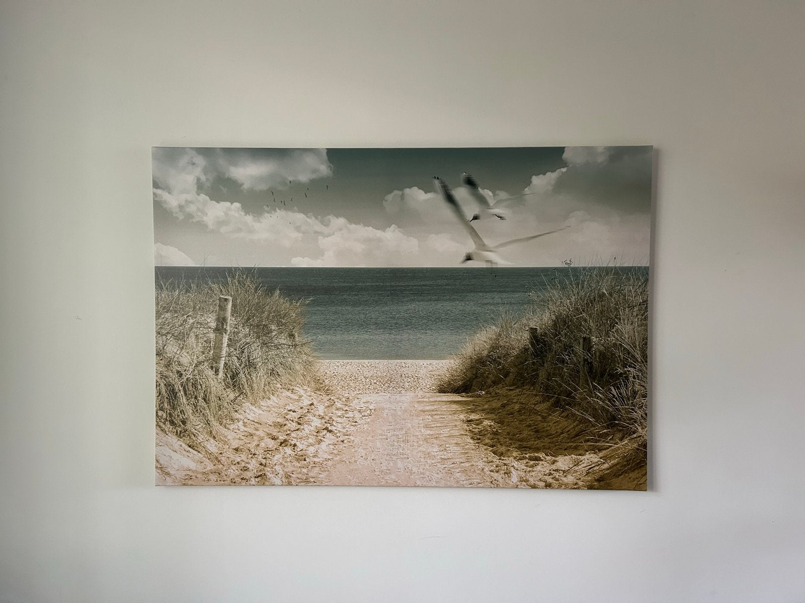 Canvas schilderij: Duinen en Zee met Vliegende Vogels, Ophalen, Textiel, Op houten frame, Landschap