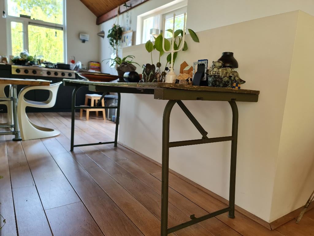 Vintage Industriële Legertafel - Inklapbaar - Vtwonen -170cm, Ophalen, Grenenhout, 50 tot 100 cm, Zo goed als nieuw