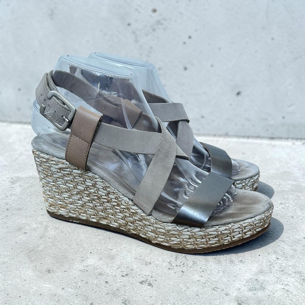 Via Vai Sandalen Maat 38 Beige Zilver Sleehak Leer, Vv, Vv, Grijs, Gedragen