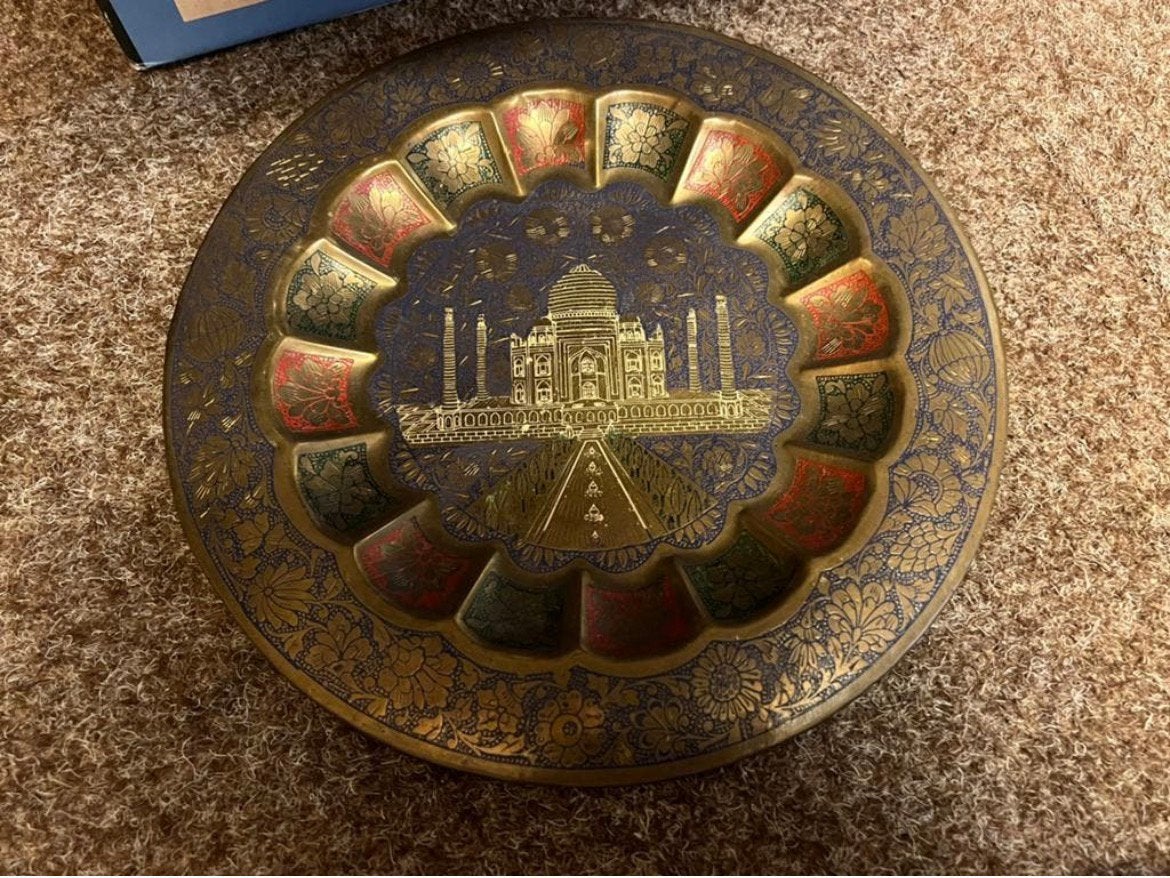 Vintage decoratief koperen bord (brass) met Taj Mahal 24cm, Antiek en Kunst, Wanddecoratie, Goud, India, Overige materialen