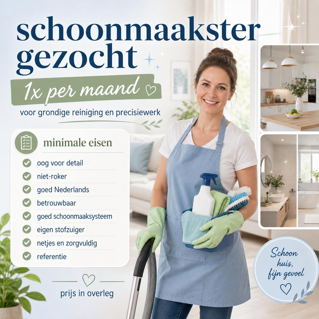 Gezocht:betrouwbare hulp voor grondige reiniging 1 keer p.m., Overige uren, Overige niveaus, Vanaf 5 jaar, Overige vormen