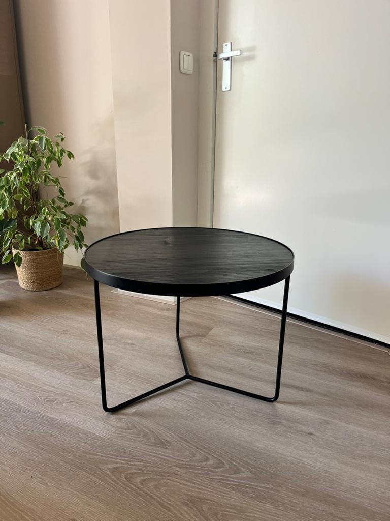 Salontafel zwart: onderstel metaal en blad van hout, Ophalen, Gebruikt, 50 tot 100 cm, Rond