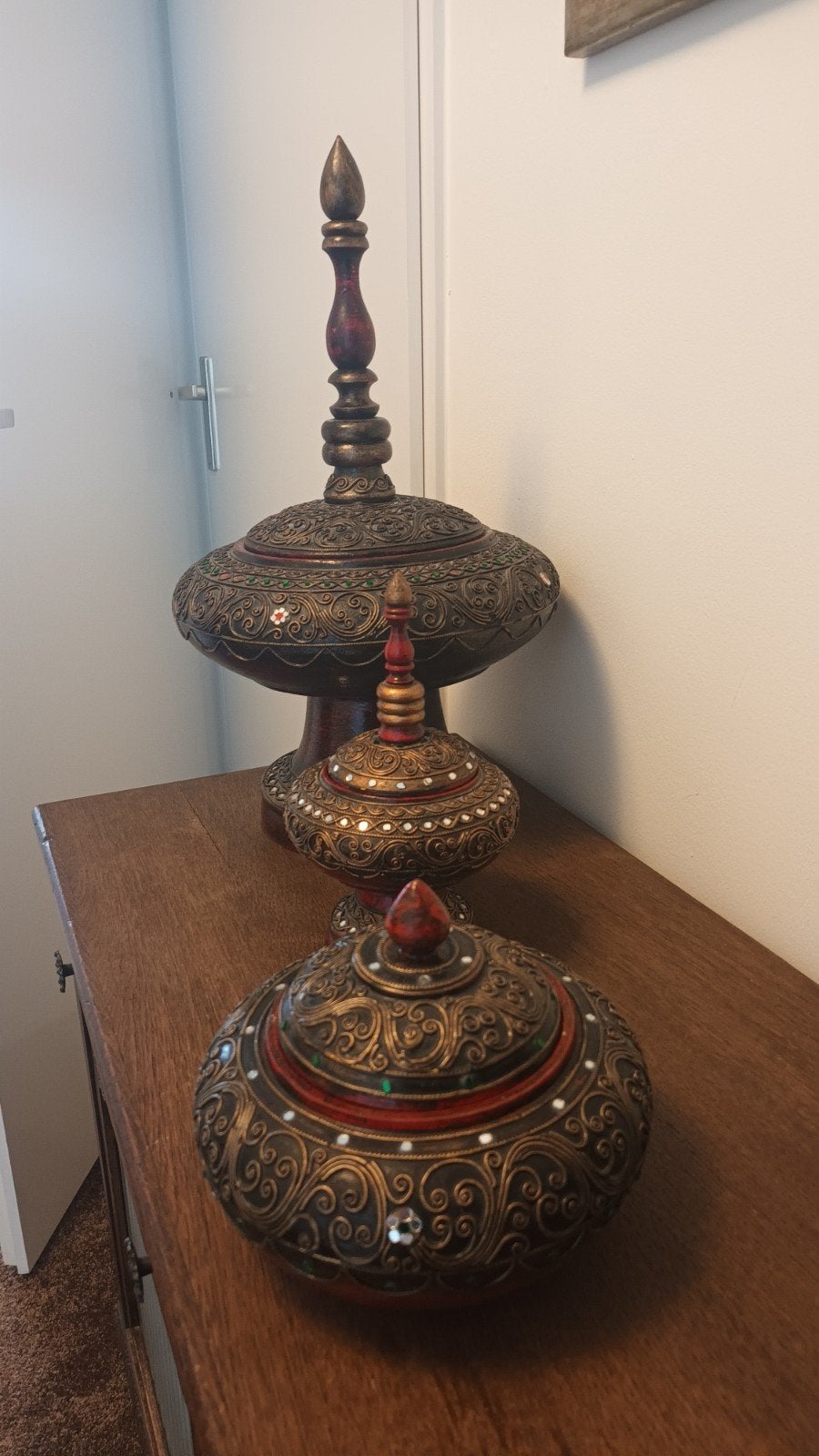 Set van 3 handgedecoreerde houten sierschalen/potten, Ophalen of Verzenden
