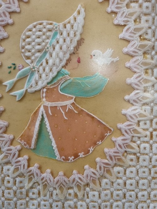 schilderij meisje met vogel papier en stof, Ophalen of Verzenden, 'T Olde Gre-j, Info@toldegrej.nl, Endepoelstraat 20f Didam