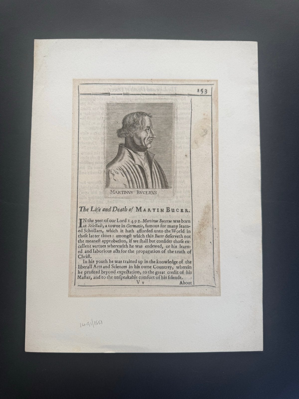 Antieke Gravure: Leven en Dood van Martin Bucer, Antiek en Kunst, Met tekst, Portret, Ophalen of Verzenden, Gravure