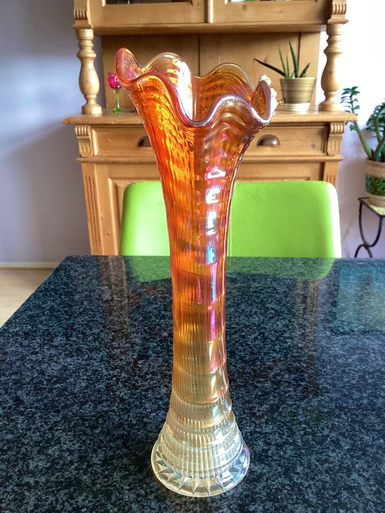 Vaas, carnaval glas, oranje, Marigold, Imperial, vintage, Ophalen