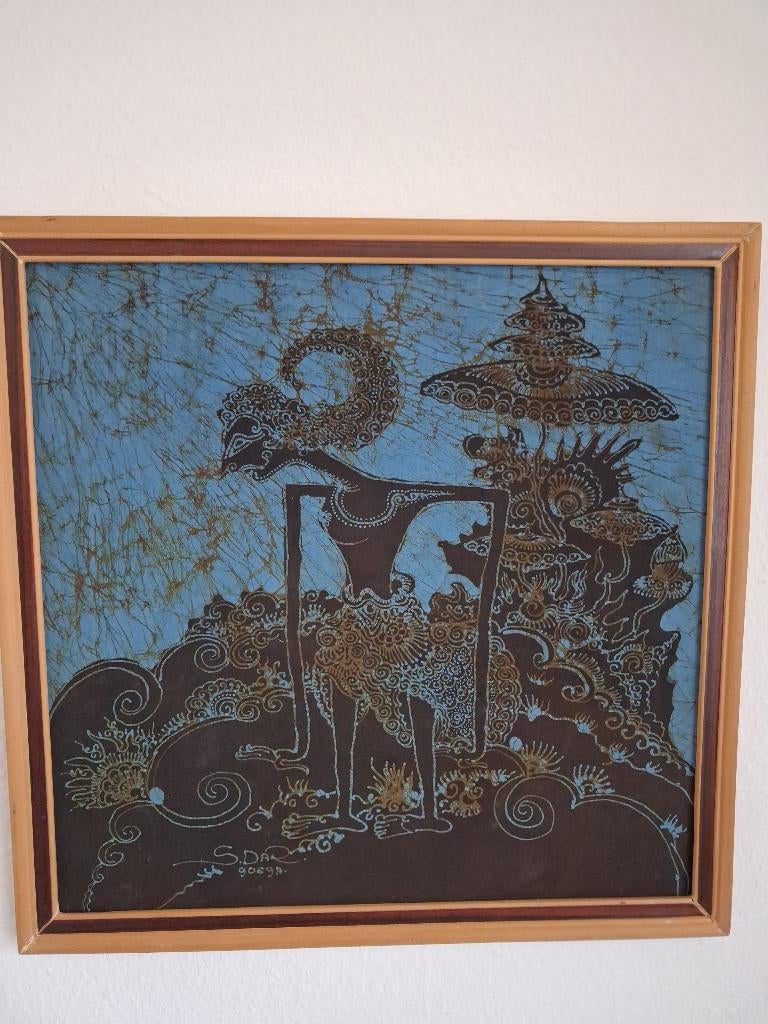 Javaans batik schilderij, Huis en Inrichting, Woonaccessoires | Schilderijen, Tekeningen en Foto's, Ophalen, 50 tot 75 cm, Zo goed als nieuw