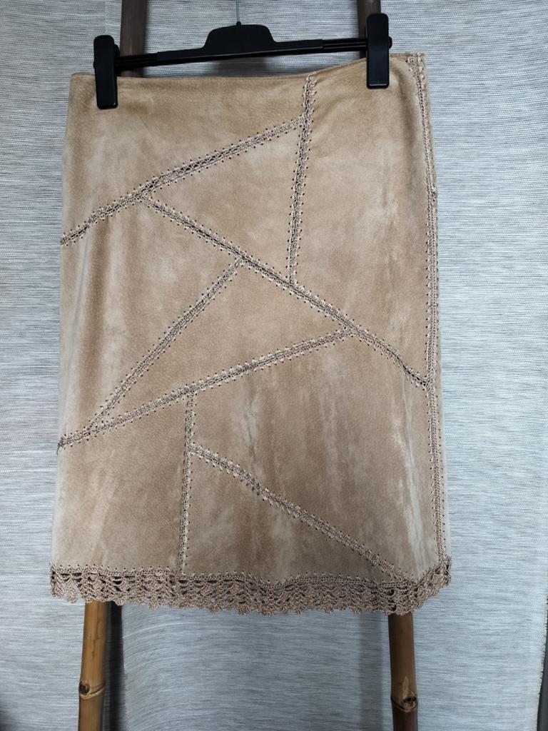 Vintage leren patchwork rok, Ophalen of Verzenden, Zo goed als nieuw, Maat 38/40 (M), Beige