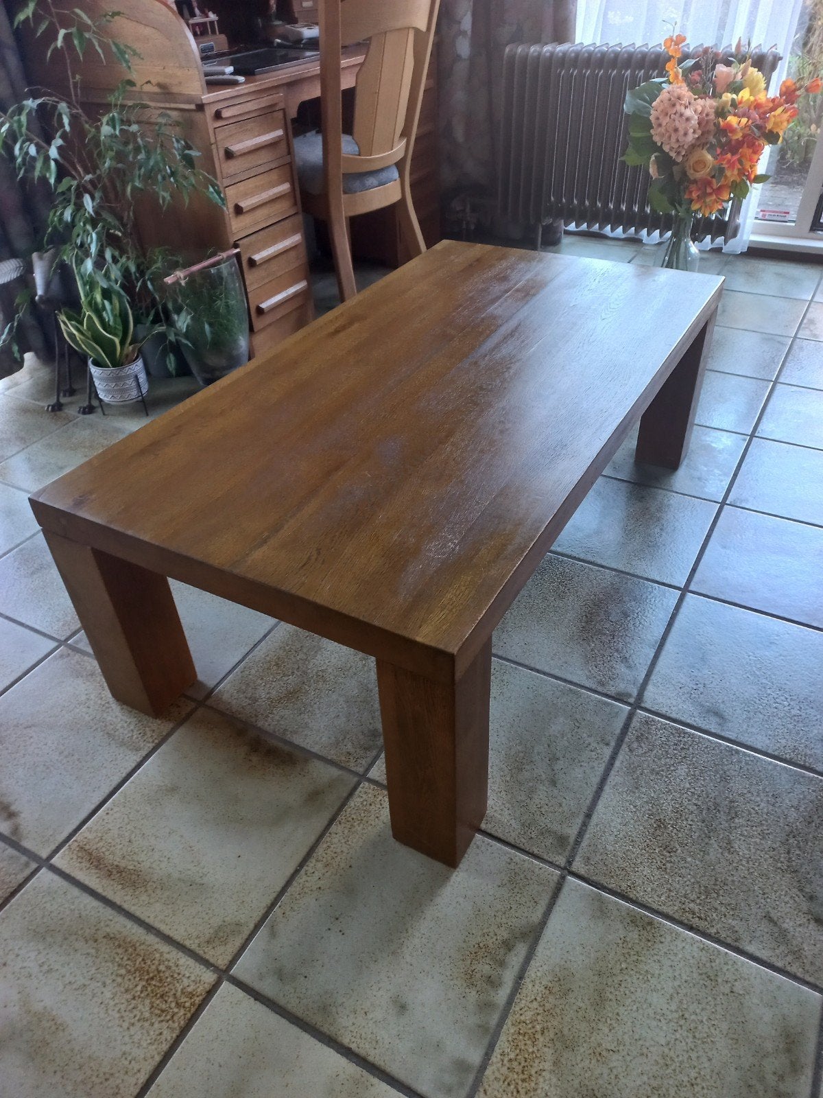 Massief eikenhouten salontafel, Ophalen, Gebruikt, 100 tot 150 cm, Eikenhout