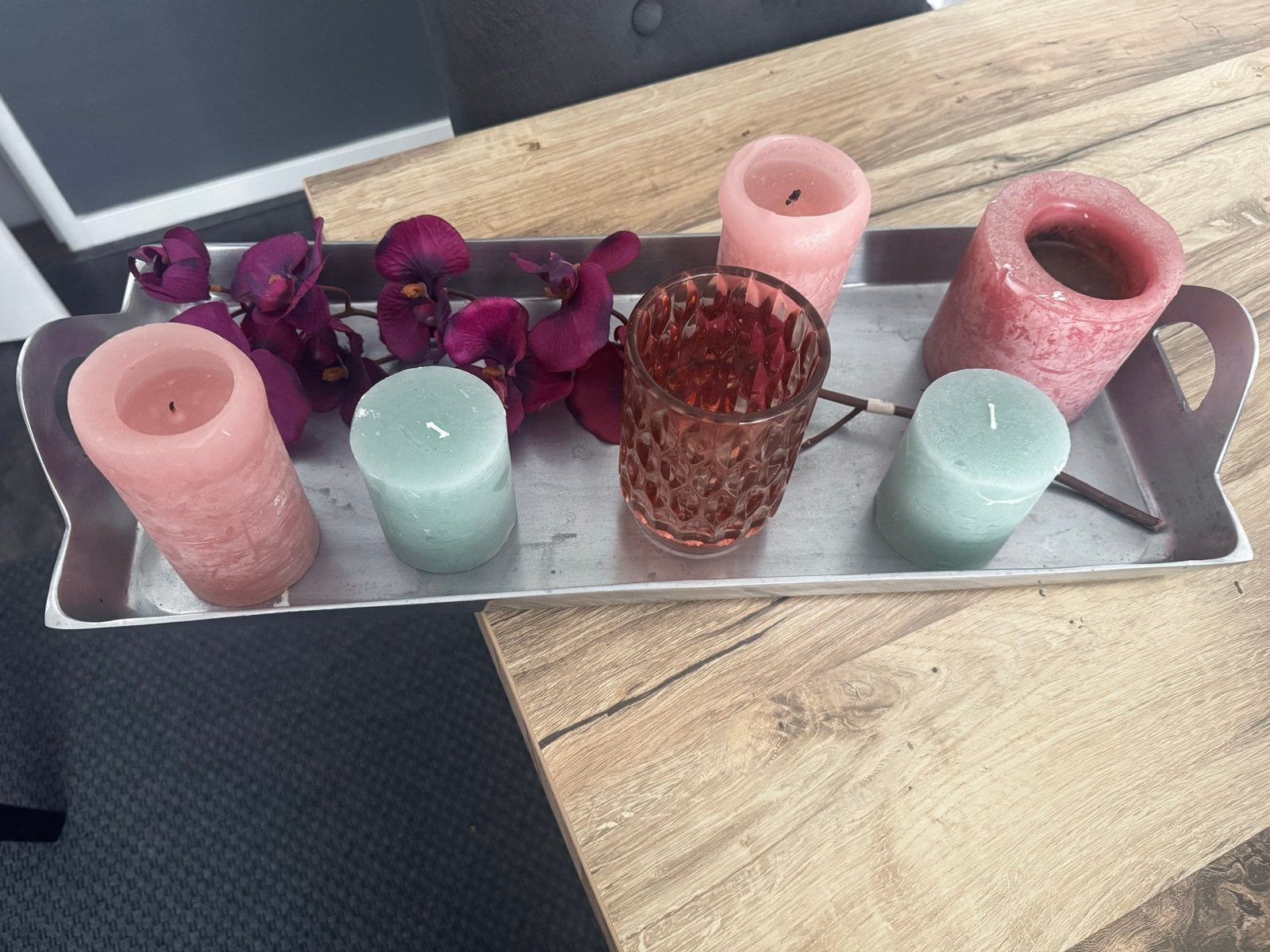 Decoratieve schaal met kaarsen en orchideeën, Gebruikt, Meerkleurig, Overige typen, Ophalen of Verzenden