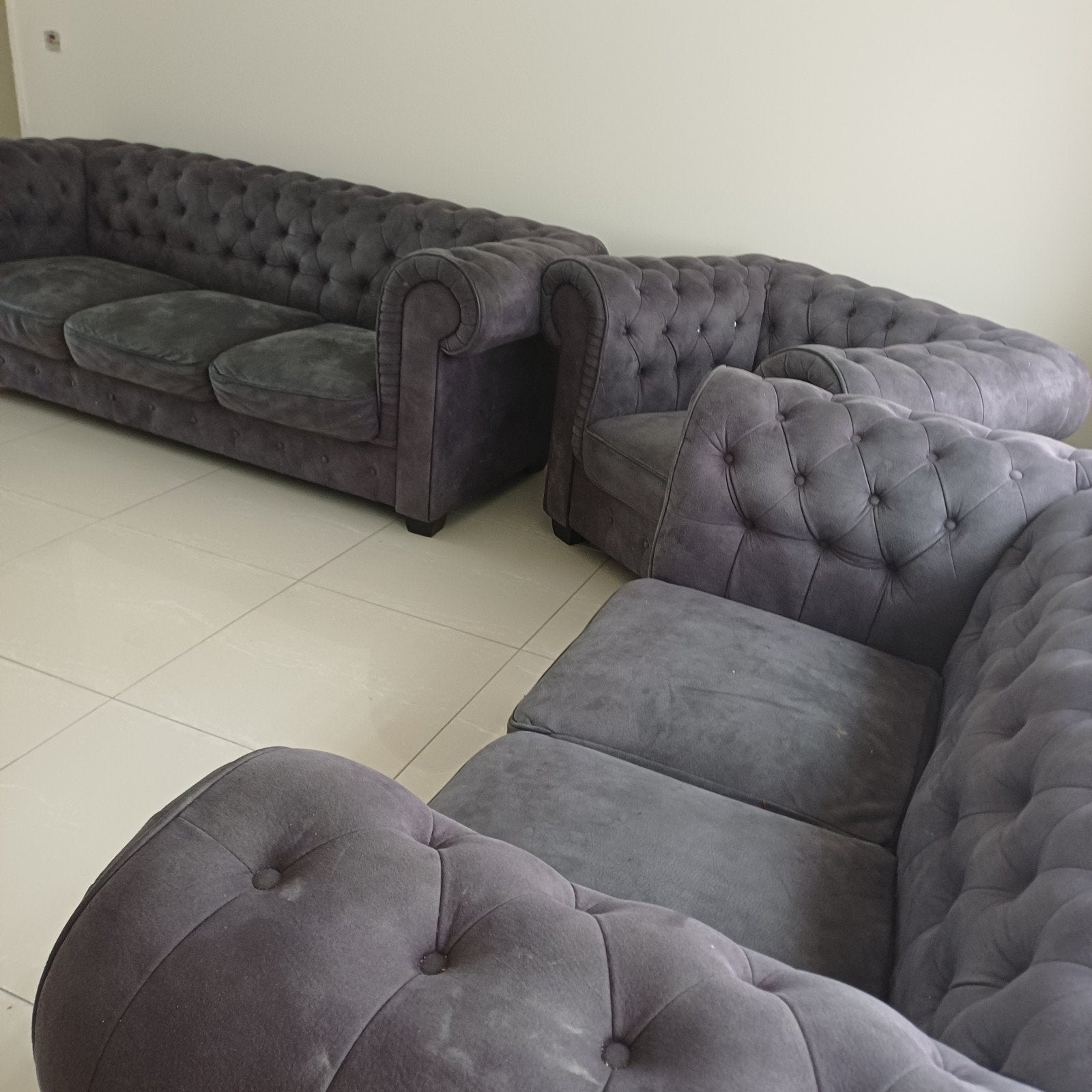Chesterfield bankstel: 3-zits, 2-zits en fauteuil, Gebruikt, Chesterfield, 75 tot 100 cm, Ophalen of Verzenden
