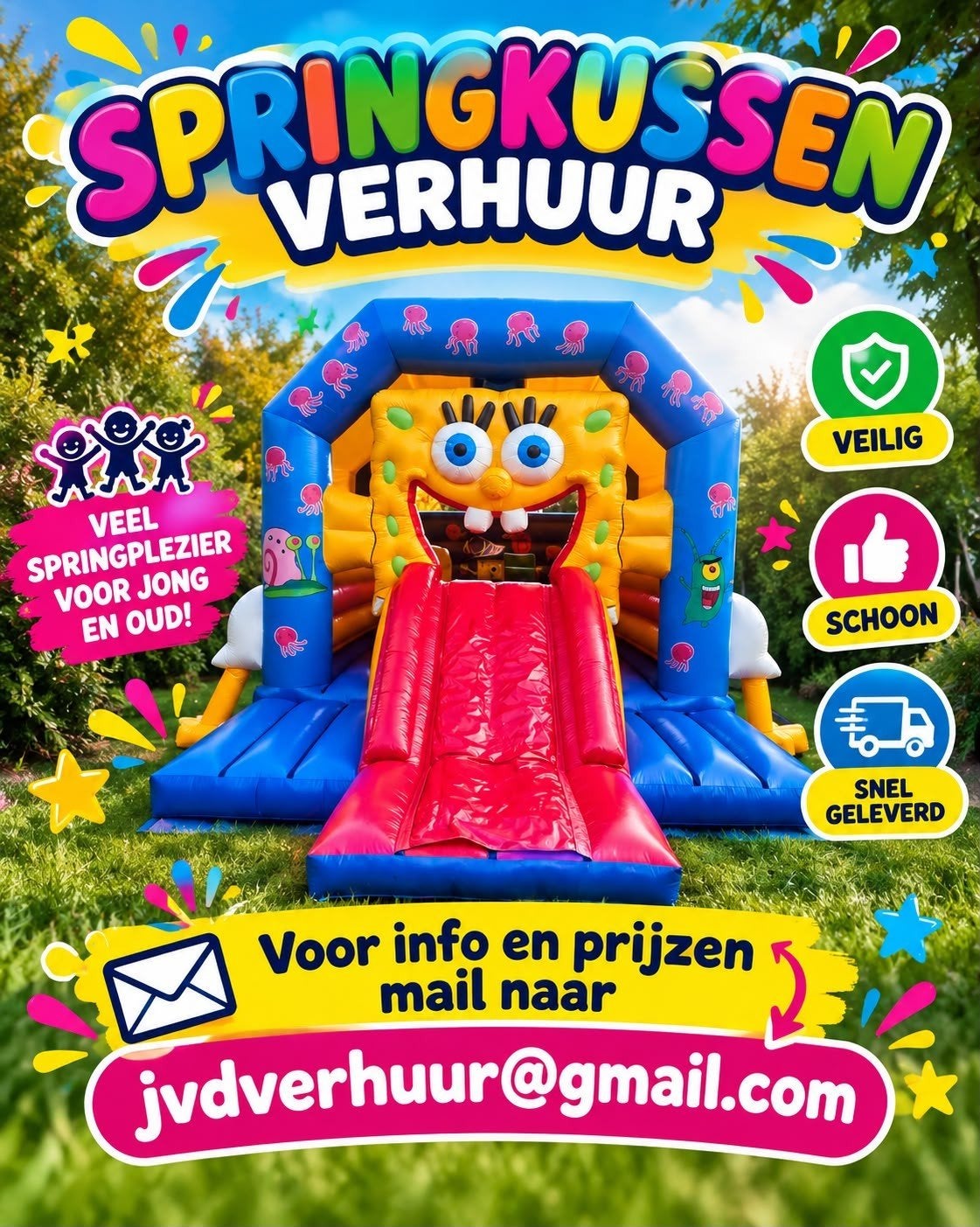 springkussen te huur spongebob 125 all in  heel weekend, Ophalen, Zo goed als nieuw, Overige