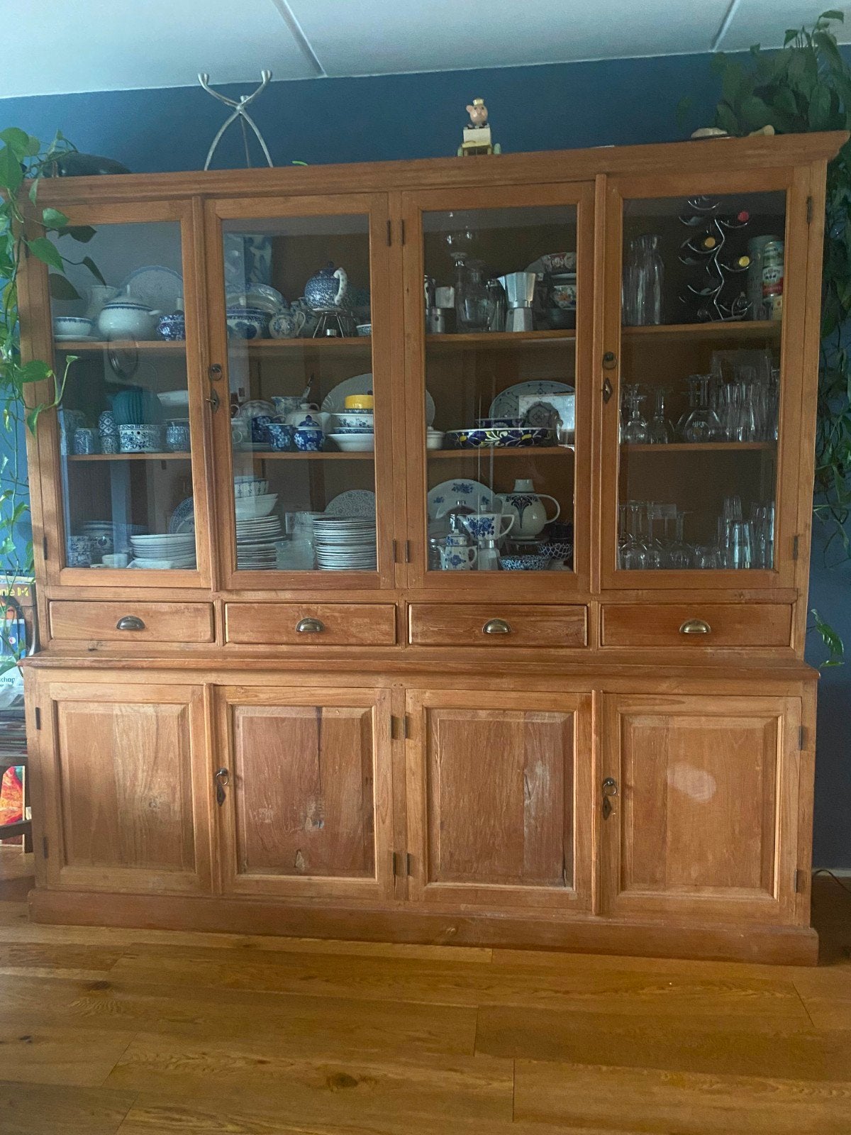 Grote teakhouten buffetkast, 2-delig (240x218x40/50 cm), Huis en Inrichting, Kasten | Buffetkasten, Ophalen, Gebruikt, Met deur(en)