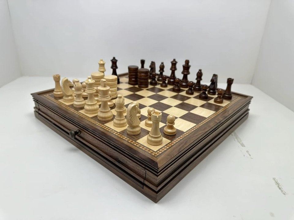 Ravendi Luxe Houten Schaak- en Damset - Esdoornhout, Magneti, Een of twee spelers, Ophalen of Verzenden, Nieuw, Reisspel