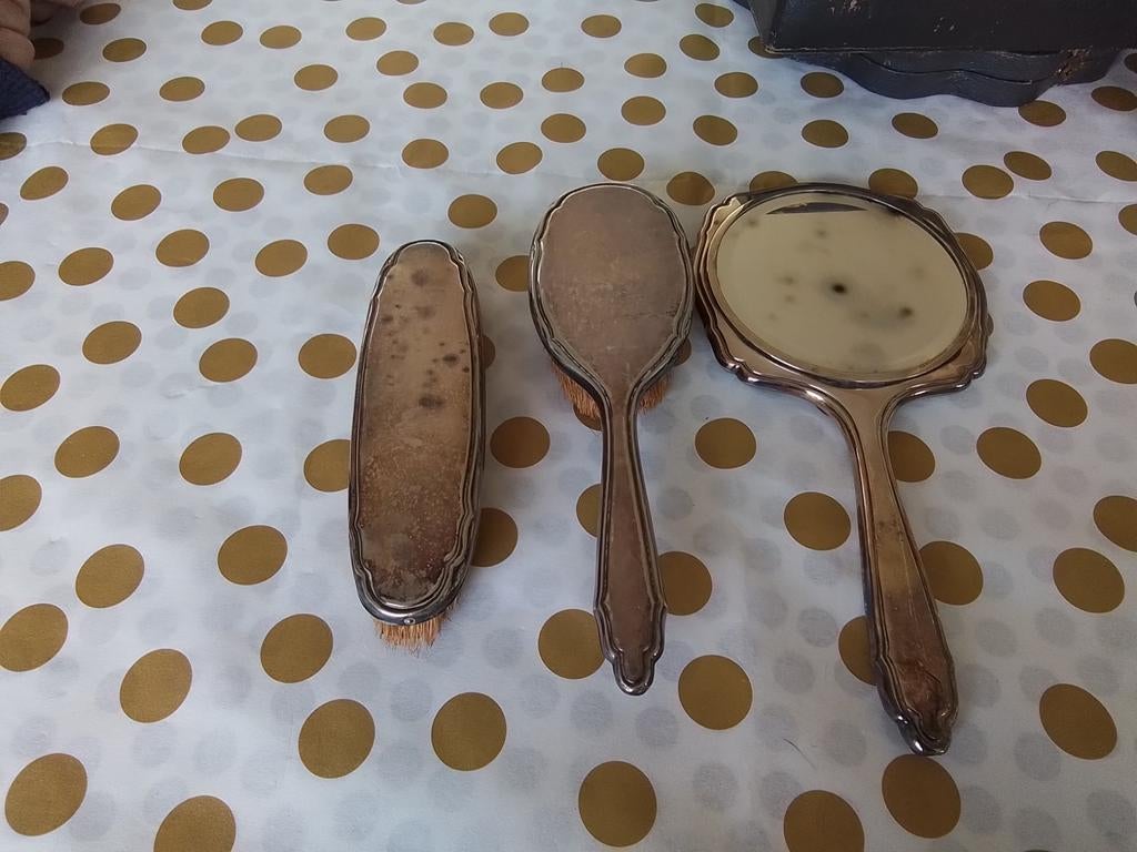 Toiletset, spiegel en borstels, verzilverd, brocante, Ophalen of Verzenden