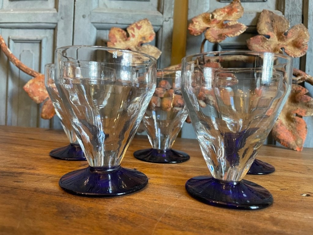 5 x waterglazen wijnglazen  blauwe voet art deco 1930 Frans, Ophalen of Verzenden