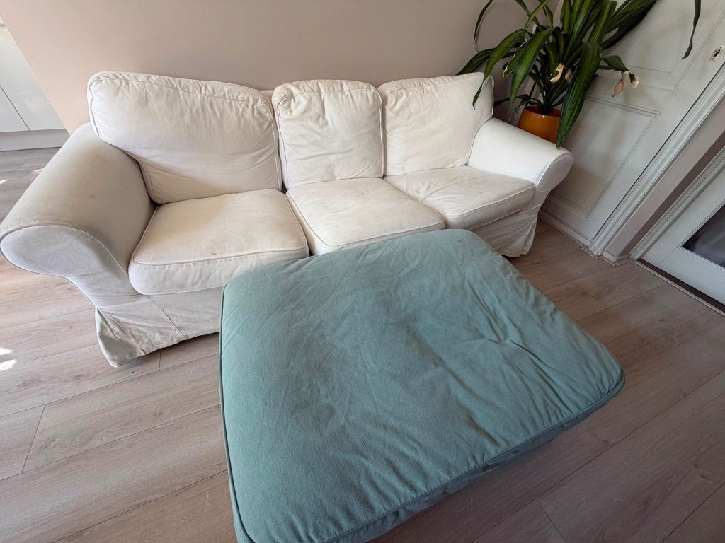Voetenbank Ikea Ektorp blauw/groen, Ophalen, 50 tot 75 cm, Zo goed als nieuw, Stof