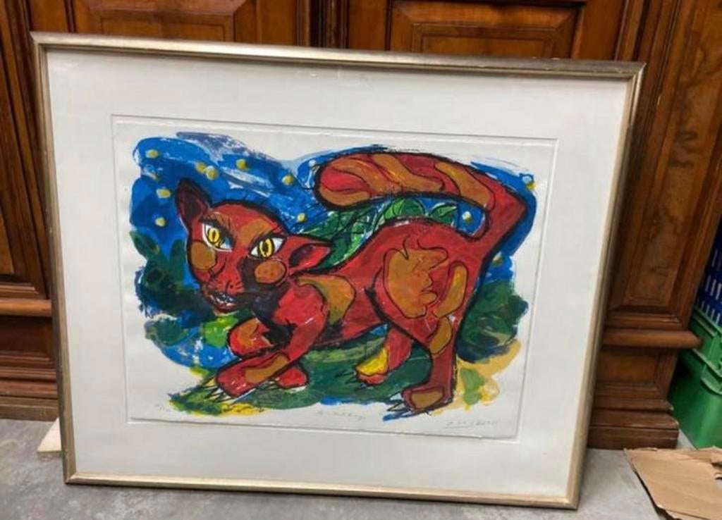 Lie a Foh - 'Le Chat Rouge' - Expressief en Kleurrijk, Antiek en Kunst, Kunst | Etsen en Gravures, Overige technieken, Ingelijst