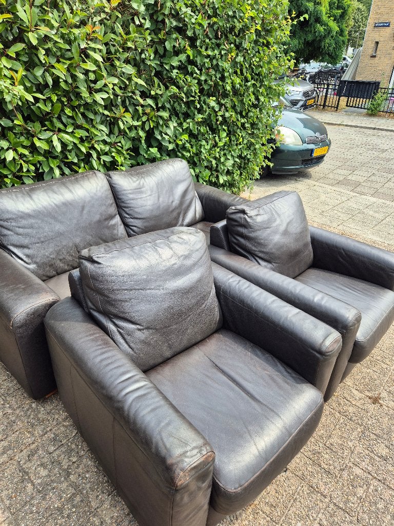 Bankstel leren, Huis en Inrichting, Banken | Bankstellen, Ophalen, Gebruikt, 75 tot 100 cm, Leer