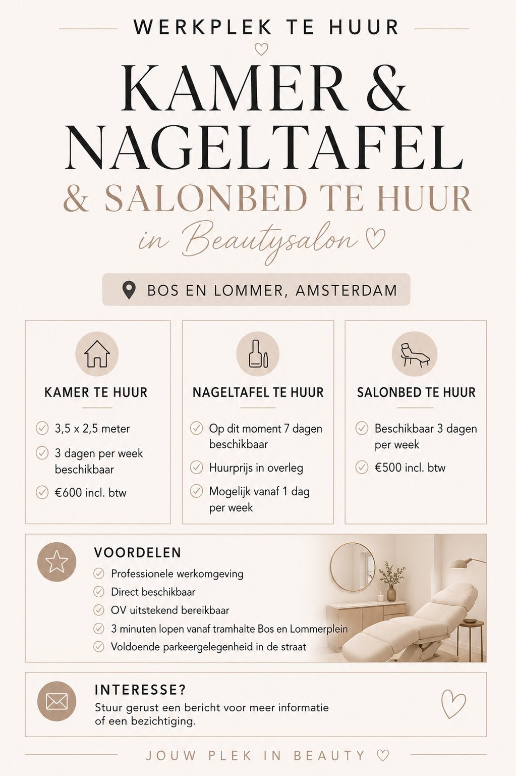 Salonruimte en nageltafel te huur Amsterdam, Huizen en Kamers, Kamers te huur, Amsterdam
