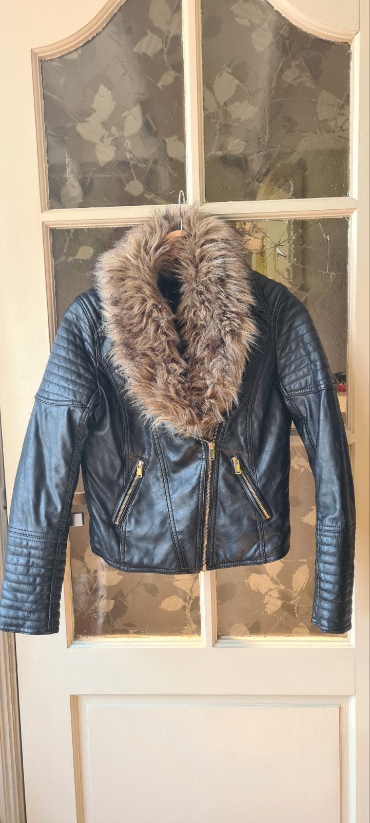 H&M Zwart Nep Lederen Jasje met Bontkraag Maat M, Maat 38/40 (M), H&M, Zwart, Ophalen of Verzenden