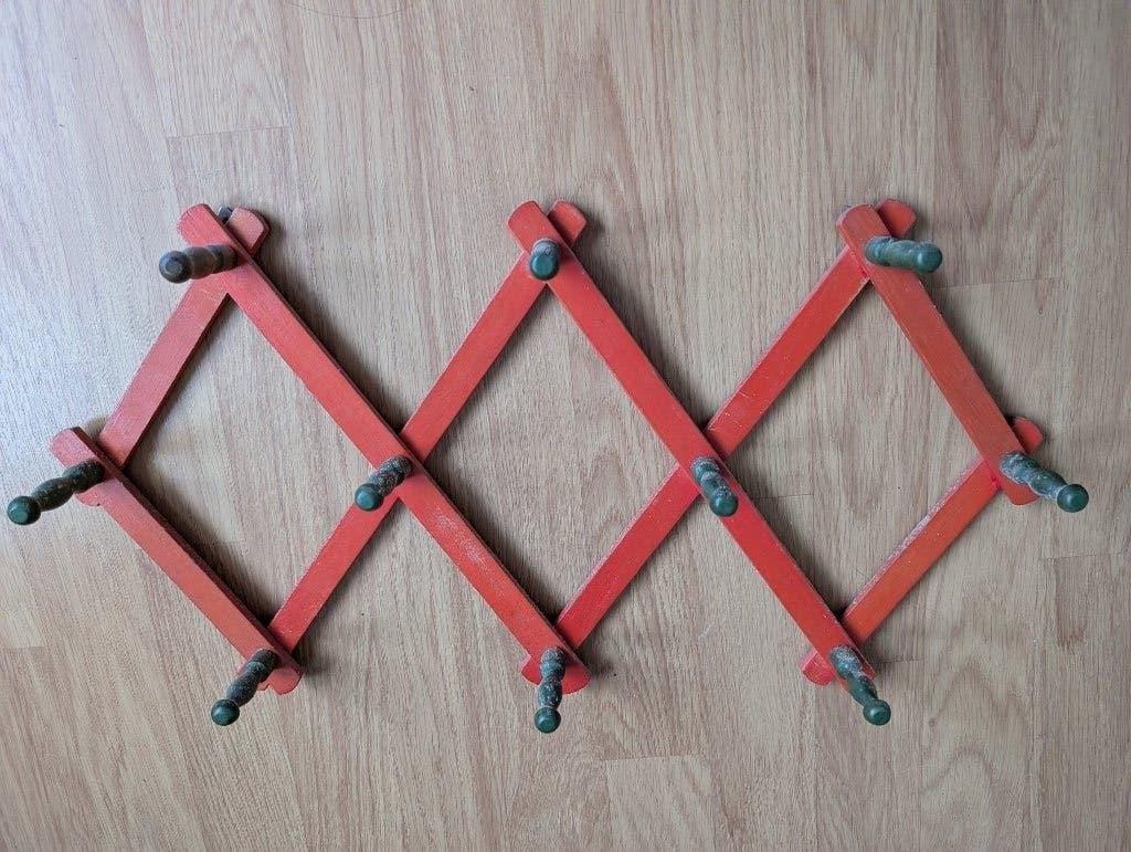 Antiek Houten Uitklapbaar Rek met 10 Haken, Antiek en Kunst, Ophalen of Verzenden