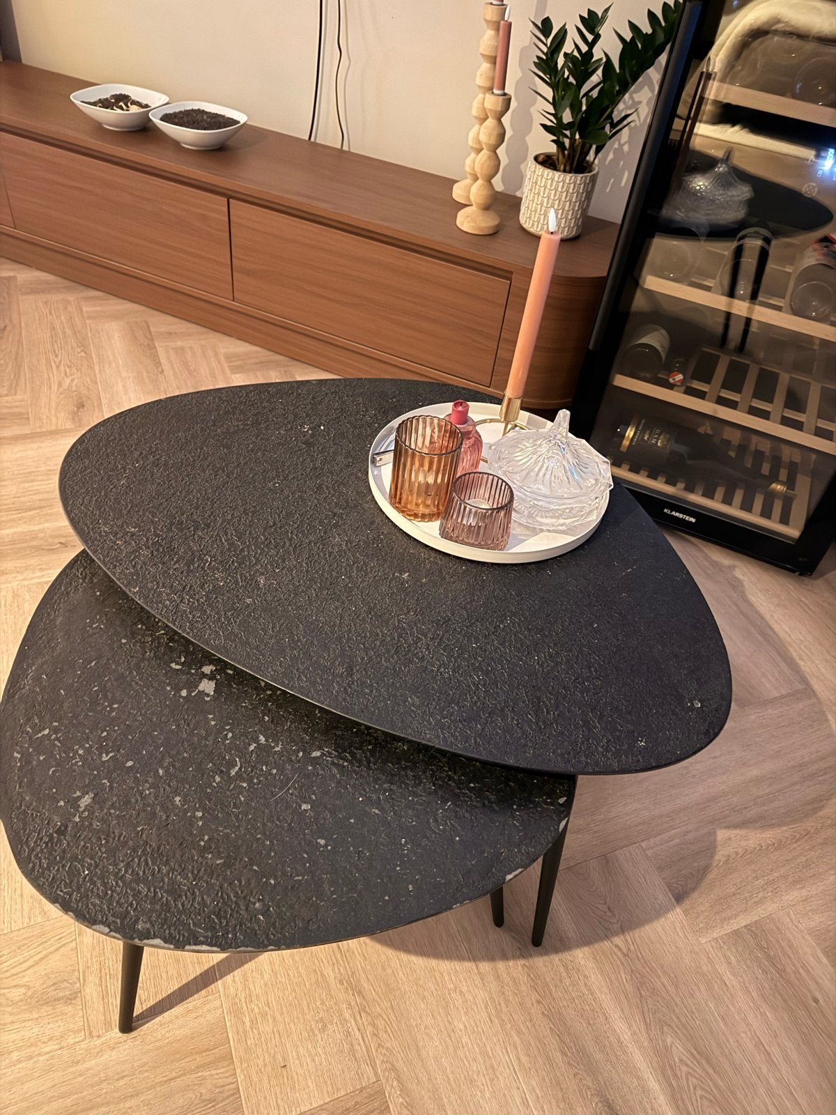 Salontafel set organisch metallic grijs, Huis en Inrichting, Tafels | Salontafels, Ophalen, Gebruikt, 50 tot 100 cm, Metaal