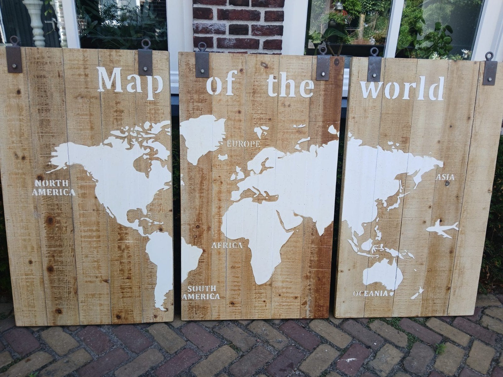 Mooie houten wanddecoratie wereldkaart, Ophalen, Zo goed als nieuw