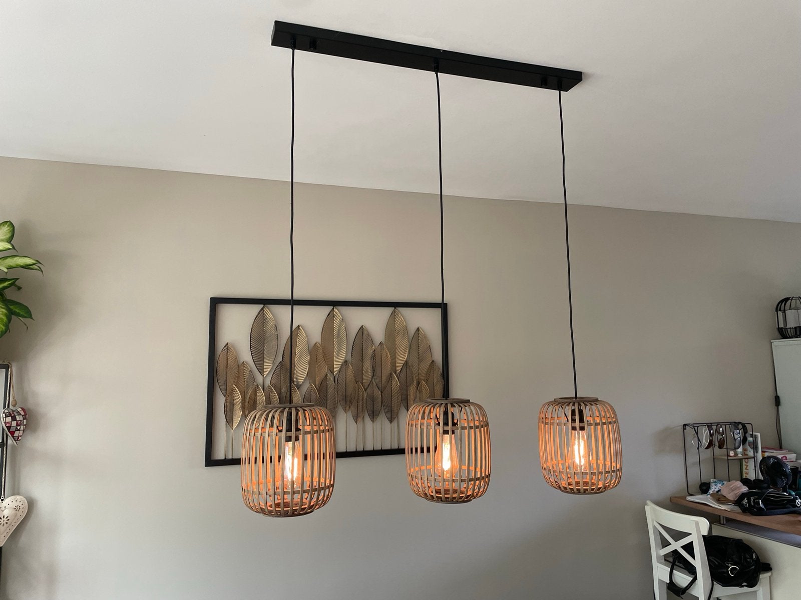Hanglamp met 3 bamboe kappen - 90 cm breed, Ophalen, E27 (groot), Metaal, Landelijk