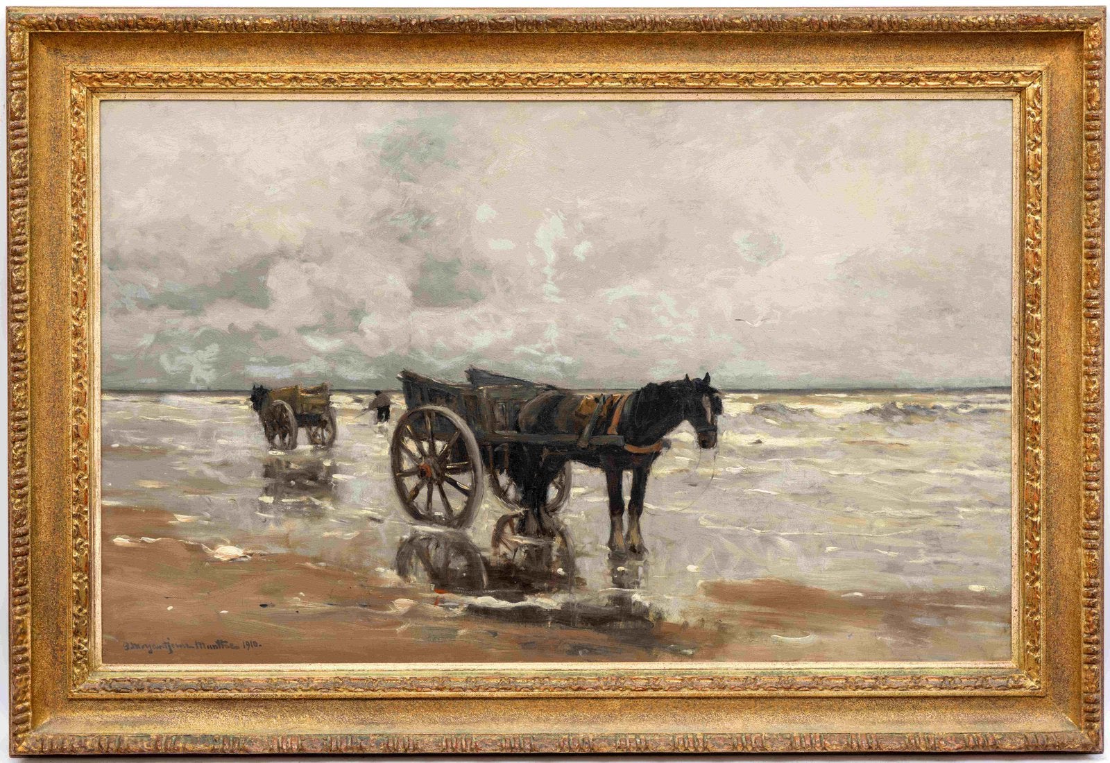Morgenstjerne Munthe Fishers with their horses in the surf, Ophalen, Maritiem / water, Doek, Realistisch