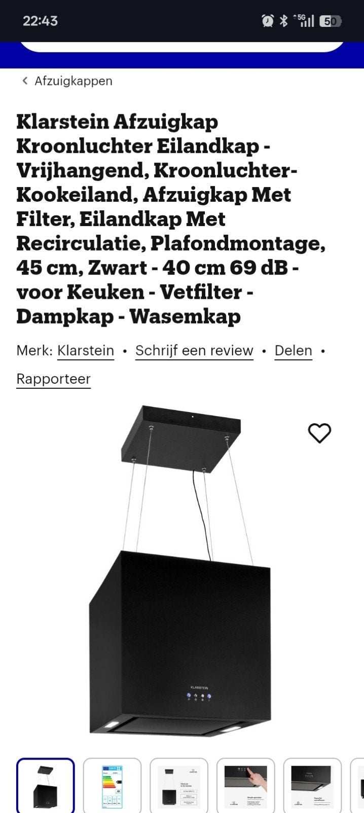 Klarstein Afzuigkap Eilandkap - Zwart, 40 cm, 69 dB, A-label, Ophalen