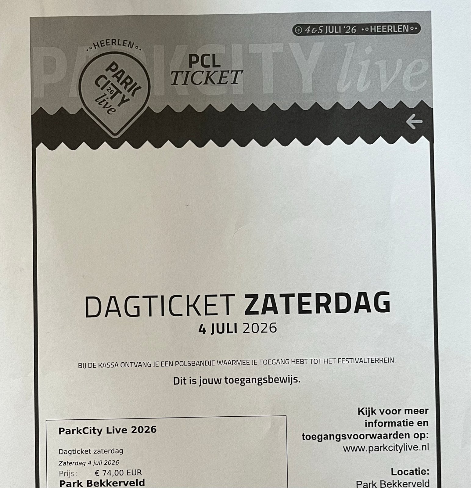 ParkCityLive Zaterdag kaartje, Eén persoon