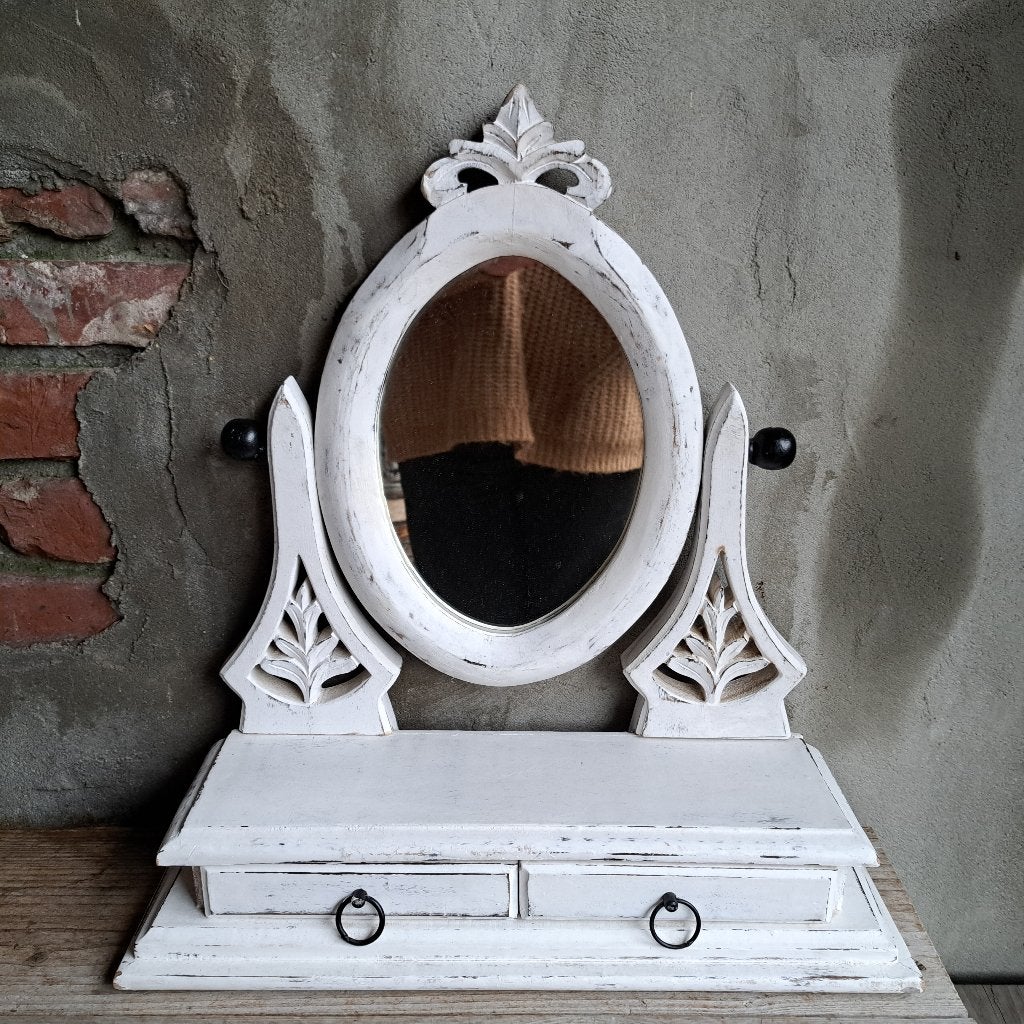 Landelijk houten spiegel kastje met 2 laatjes wit *Etage3*, ., Ophalen of Verzenden, Zo goed als nieuw, .