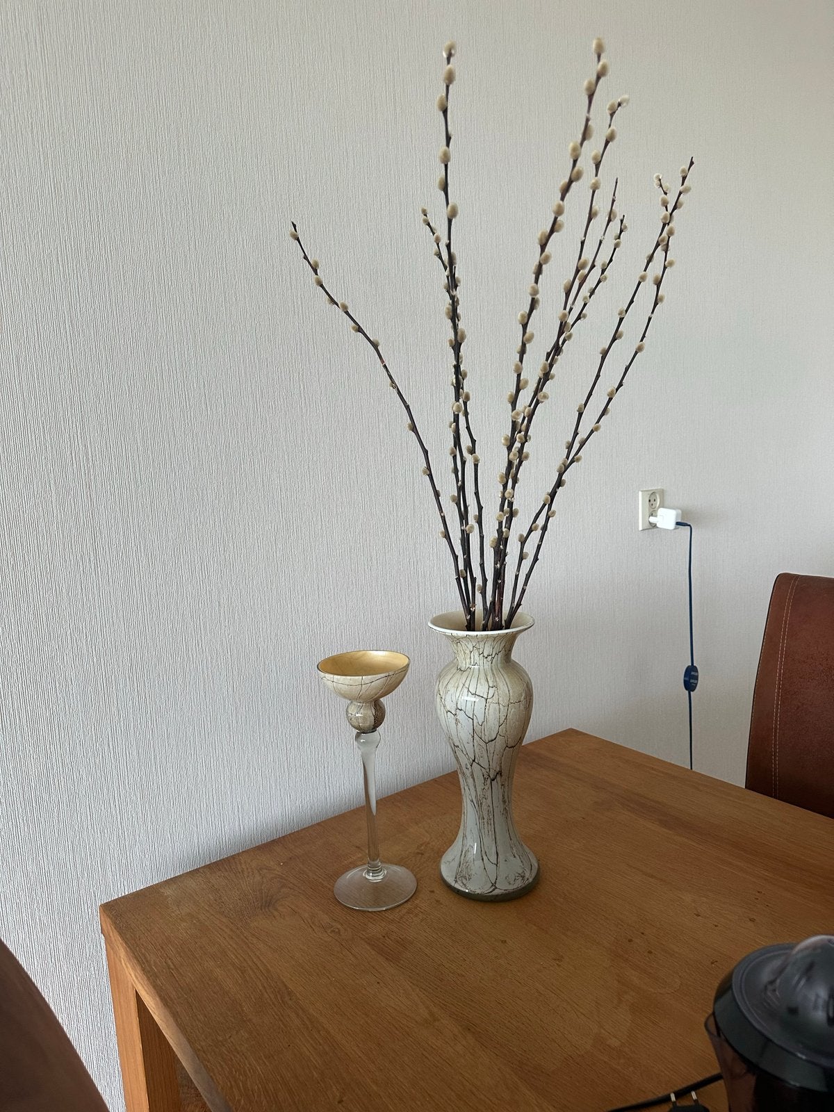 Landelijke set: Glazen vaas + chic windlicht op voet, Ophalen, Gebruikt, Op voet, Beige