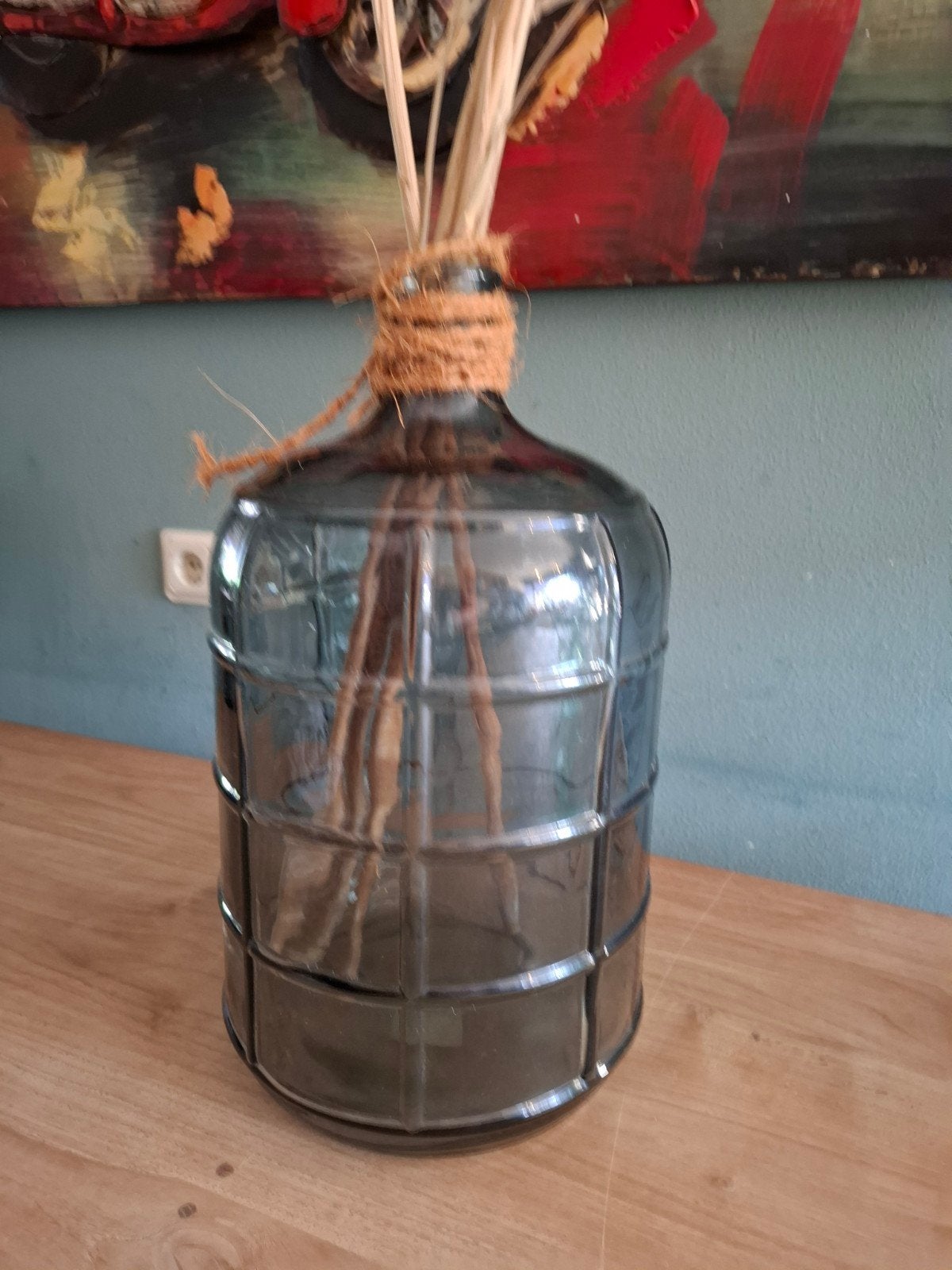 Grote glazen vaas met touwdecoratie, Huis en Inrichting, Woonaccessoires | Vazen, Ophalen, Gebruikt, Glas, Geschikt voor droogbloemen