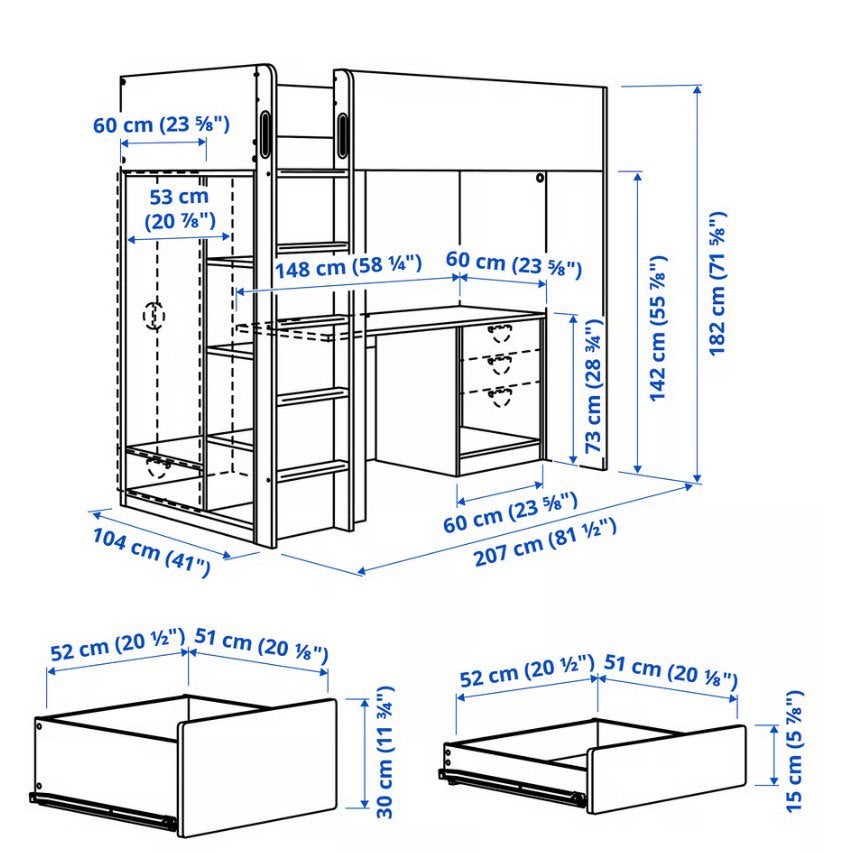 IKEA hoogslaper met bureau en opbergruimte, Ophalen, Hoogslaper, Eenpersoons, 210 cm